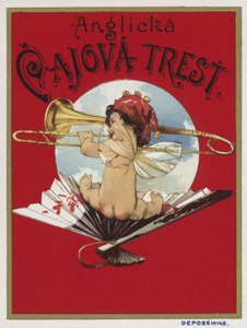 Etiqueta de producto que representa a un querubín tocando un trombón de Czech School