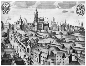 Vista de Praga mostrando el Palacio Imperial y el Colegio de Teología, c.1618 de Czech School
