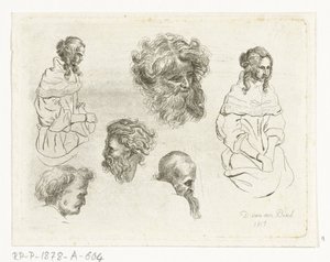 Hoja de estudio con cabezas y cuerpos femeninos. de D. van den Bosch