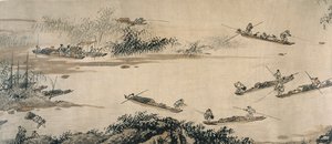 Pescadores en un río otoñal