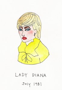 Lady Diana, 2017 (tinta china amarilla, roja, azul y marrón con rotulador sobre papel)