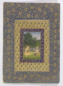 Layla Leyendo a Majnun, quien se sienta bajo un árbol junto a un estanque de lotos, Delhi, c.1720-40