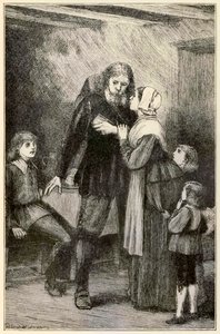 Cristiano confía en su esposa de El progreso del peregrino de este mundo al venidero por John Bunyan (1628-1688) ilustración de Thomas Dalziel (1823-1906) de Dalziel Brothers