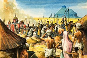 Nativos indios observan cómo una procesión de elefantes y soldados se acerca a un fuerte (gouache sobre papel) de Dan Escott