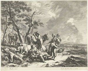 Tarde: Descanso de la familia del pastor con el rebaño. Horas del día (título de la serie) de Dancker Danckerts