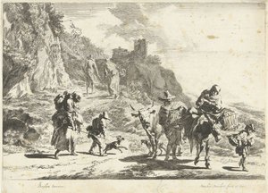 Mujer en un burro lleno, hombre con vaca y otros viajeros en el paisaje montañoso Paisajes del sur (título de la serie) de Dancker Danckerts