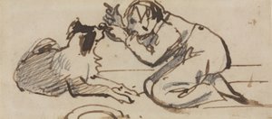 Un niño jugando con un perro (lápiz, pluma y tinta marrón sobre papel) de Daniel Maclise