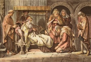 Harold, de vuelta de Normandía, se presenta a Eduardo el Confesor, grabado por JD Cooper (grabado en color) de Daniel Maclise