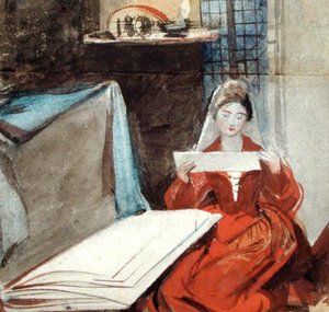 Una dama con traje medieval estudiando el contenido de una cartera (acuarela sobre papel)