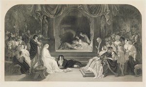 La escena del juego, Acto III, Escena II de Hamlet de William Shakespeare, grabado por Charles W. Sharpe (litografía) de Daniel (after) Maclise