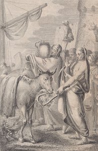 Figuras a la derecha cerca de un barco, algunas levantando animales sobre sus cabezas, un caballo a la izquierda, 1783
