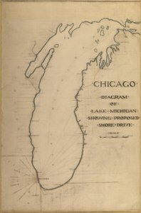 Placa 35 del Plan de Chicago 1909: Chicago, y Diagrama del Lago Michigan. Carretera propuesta de Daniel Burnham