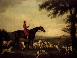 Cazador con perros en un paisaje