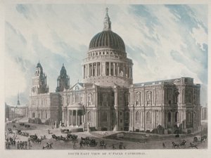Vista sureste de la Catedral de San Pablo con figuras y carruajes afuera, Ciudad de Londres, 1818 de Daniel Havell