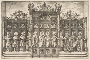 Gran sillería del coro con Cristo bendiciendo a la Virgen de Daniel Hopfer