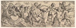 Virgen y Niño con ángeles bailando en un paisaje de Daniel Hopfer