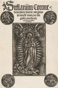 Virgen en una media luna, portada de Pelbartus de Temesvar: Stellarium corone Schr. 2869..., 1502 de Daniel Hopfer.