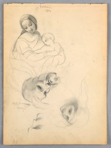 Madonna y niño, bocetos después de Leonardo Da Vinci y Fra Bartolomeo de obras en la Uffizi, Florencia