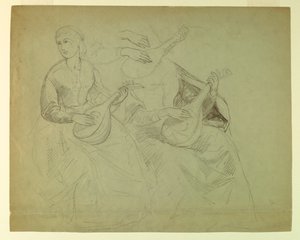 Bocetos de una mujer con un laúd, estudio para "Tiziano mostrando el Entierro a Carlos V y Clemente VII"