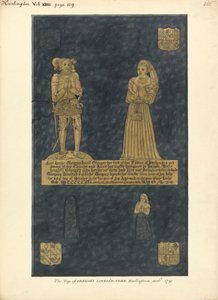 Placa de latón para Gregory Lovell y su esposa Anne, hija de David Bellingham, Iglesia de Harlington de Daniel Lysons