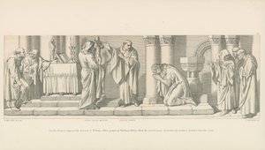 Harold, a punto de oponerse a la invasión de Guillermo, ofrece una oración en la Abadía de Waltham, cuando la imagen sagrada se inclina milagrosamente hacia adelante desde la cruz de Daniel Maclise