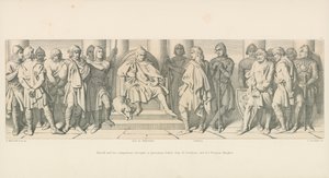 Harold y sus compañeros, llevados como prisioneros ante Guy de Ponthieu y sus caballeros normandos de Daniel Maclise
