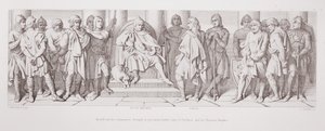 Harold y sus compañeros llevados, como prisioneros, ante Guy de Ponthieu y sus caballeros normandos, de 