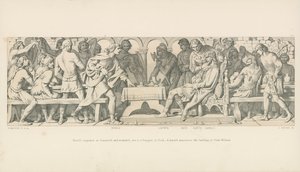 Harold conquistador en Stamford, y herido, se sienta en un banquete en York. Un heraldo anuncia el desembarco del Duque Guillermo de Daniel Maclise