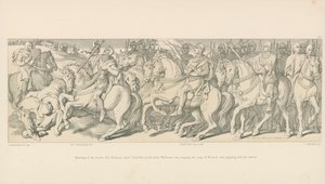 Mañana de la batalla. El jefe normando Taillefer, lidera la vanguardia del Duque Guillermo, cantando la Canción de Roland y haciendo malabares con su espada de Daniel Maclise