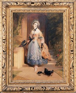Retrato de Louisa Jane, Marquesa de Abercorn, pequeña figura de cuerpo entero, con un vestido amarillo y azul ricamente bordado, en la entrada de una casa, con un spaniel, 1832 de Daniel Maclise