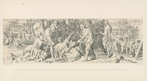 William tropieza al aterrizar, pero, agarrando la tierra con la mano, proclama que así toma posesión del suelo inglés, y así tranquiliza a sus seguidores, que consideraban su caída como un mal presagio de Daniel Maclise