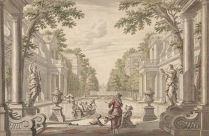 Vista de un jardín de palacio con un estanque central rodeado de arquitectura clásica, ca. 1700-1720