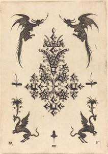 Broche con piedras de mesa, dragones alados en la parte superior y grifos en la parte inferior de Daniel Mignot
