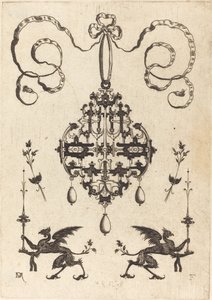 Gran Colgante, Inferior Izquierda y Derecha Dos Grifos Llevando Candelabros de Fantasía de Daniel Mignot