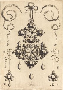Colgante con dos cruces dobles, rodeado de cuatro piedras en forma de diamante, cinco piedras de mesa y trece perlas de Daniel Mignot