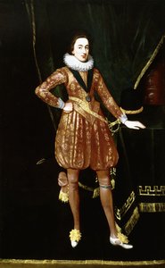 Retrato del Rey Carlos I como Príncipe de Gales, cuerpo entero, ante un cortinaje de terciopelo verde, con la Orden de San Jorge, un jubón y calzones bordados en oro, su mano izquierda descansando junto a su sombrero sobre una mesa de Daniel Mytens