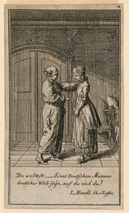 Un padre o tutor hablando con una niña, ilustración de la obra "Nicht mehr als sachs Schuesseln" de Fredrich Wilhelm Grossman en "Königl: Grosbrit [anische] Genealogischer Kalender auf das 1782 Jahr Lauenberg bey J.G. Berenberg"