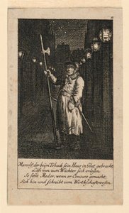 Un vigilante nocturno, ilustración para "Königl: Grosbrit [anische] Genealogischer Kalender auf das 1780 Jahr Lauenberg bey J.G. Berenberg"