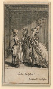 Una Mujer Anciana Regañando a una Chica, Ilustración de la Obra "Nicht mehr als sachs Schuesseln" de Fredrich Wilhelm Grossman en "Königl: Grosbrit [anische] Genealogischer Kalender auf das 1782 Jahr Lauenberg bey J.G. Berenberg"