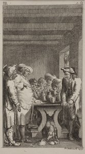 El perro del esquilador lame el agua teñida, de un recipiente roto bajo la mesa, alrededor de la cual se sientan 4 campesinos, y 3 están de pie, fumando tabaco y bebiendo. ob. III, p. 61.