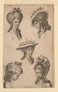 Cinco Sombreros, como los Usados por Mujeres de Berlín, Ilustración para "Königl: Grosbrit [anische] Genealogischer Kalender auf das 1783 Jahr Lauenberg bey J.G. Berenberg"