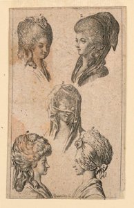 Cinco tocados, como los usan las mujeres de Berlín, ilustración para "Königl: Grosbrit [anische] Genealogischer Kalender auf das 1782 Jahr Lauenberg bey J.G. Berenberg"