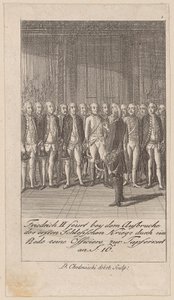 Federico II anima a sus oficiales a la valentía con un discurso al estallar la primera guerra de Silesia de Daniel Nikolaus Chodowiecki