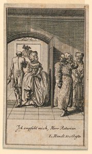 La pareja anciana terminando una visita con altivez, ilustración de la obra "Nicht mehr als sachs Schuesseln" de Fredrich Wilhelm Grossman en "Königl: Grosbrit [anische] Genealogischer Kalender auf das 1782 Jahr Lauenberg bey J.G. Berenberg"