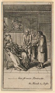 La anciana contrata a un hombre, Ilustración de la obra "Nicht mehr als sachs Schuesseln" de Fredrich Wilhelm Grossman en "Königl: Grosbrit [anische] Genealogischer Kalender auf das 1782 Jahr Lauenberg bey J.G. Berenberg"