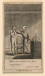 La bofetada, Ilustración de la obra "Nicht mehr als sachs Schuesseln" de Fredrich Wilhelm Grossman en "Königl: Grosbrit [anische] Genealogischer Kalender auf das 1782 Jahr Lauenberg bey J.G. Berenberg" de Daniel Nikolaus Chodowiecki