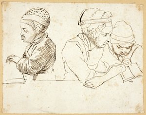Tres niños (recto); Bocetos de cabeza, ojos, labios y flores (verso) de Daniel Nikolaus Chodowiecki