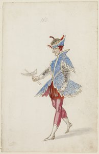 Figura masculina en un traje azul y rojo del Ballet des quatre saisons de l