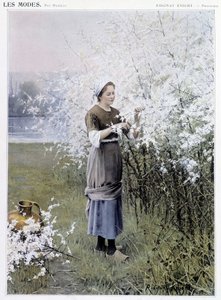 Primavera: Mujer recogiendo flores - ilustración de R. Knight, c. 1905