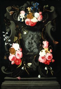Guirnalda de flores con la Sagrada Familia, 1625-27 de Daniel Seghers